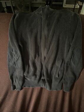 Men's Black Full-Zip Knit Sweater with Elbow Patches